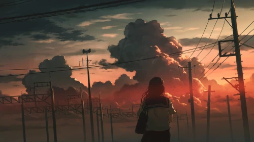 少女与晚霞天空 动漫风格 黄昏 晚霞 1080P
