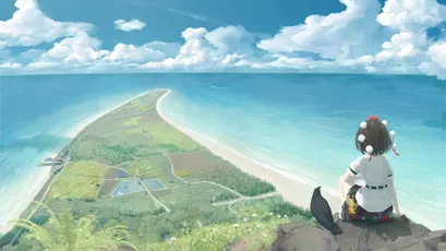海边眺望 动漫风格 海滩景色 蓝天白云 8K