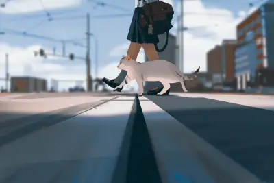 城市街头的白猫 城市街景 动画风格 白色猫咪 2K