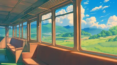 列车窗外风景 火车车厢 田园风光 日系动漫 4K