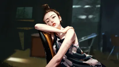 慵懒的女子 场景:室内 风格:插画 颜色:黑白色调 4K