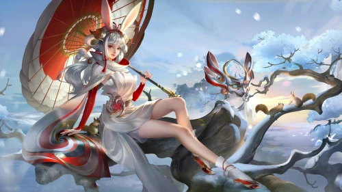 雪中兔女持伞而坐 雪景 仙侠风格 红白配色 4K