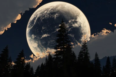 巨月悬空林间夜 夜景 科幻 月亮 4K