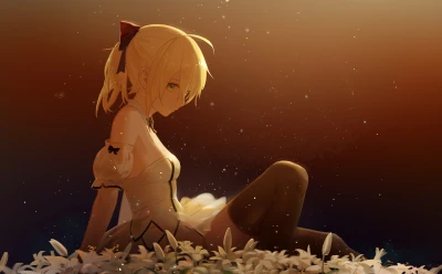 金发少女花丛静坐 动漫风格 黄昏场景 金色头发 4K