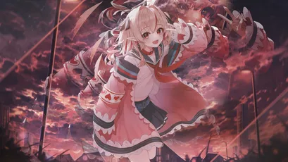 幻想少女战士 动漫风格 战斗场景 粉红天空 4K