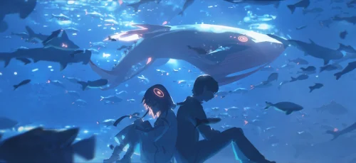 深海中的奇幻邂逅 海底世界 动漫风格 蓝色调 4K
