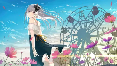 海边的动漫女孩与摩天 动漫 海滩 摩天轮 4K
