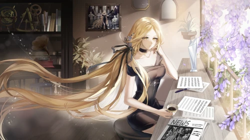梦幻书房的少女 室内 动漫风格 紫色花朵 1080P
