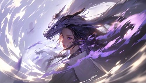 少女与紫龙共舞 奇幻 动漫风格 紫色 4K