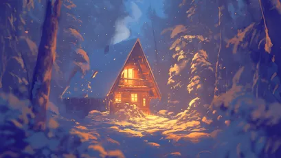 雪夜小屋 冬季 森林 小木屋 4K