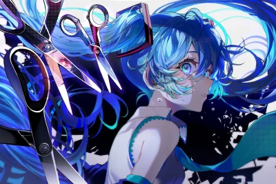 剪刀与蓝发少女 动漫插画 蓝色系 双马尾 1080P