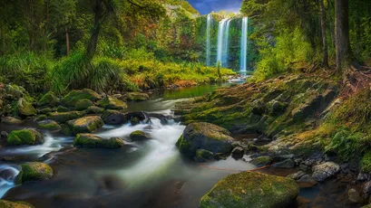森林瀑布美景 自然景观 瀑布 绿色植被 8K
