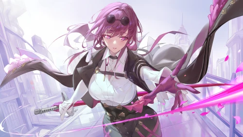 紫发少女持剑战斗 动漫 战斗 紫色 2K