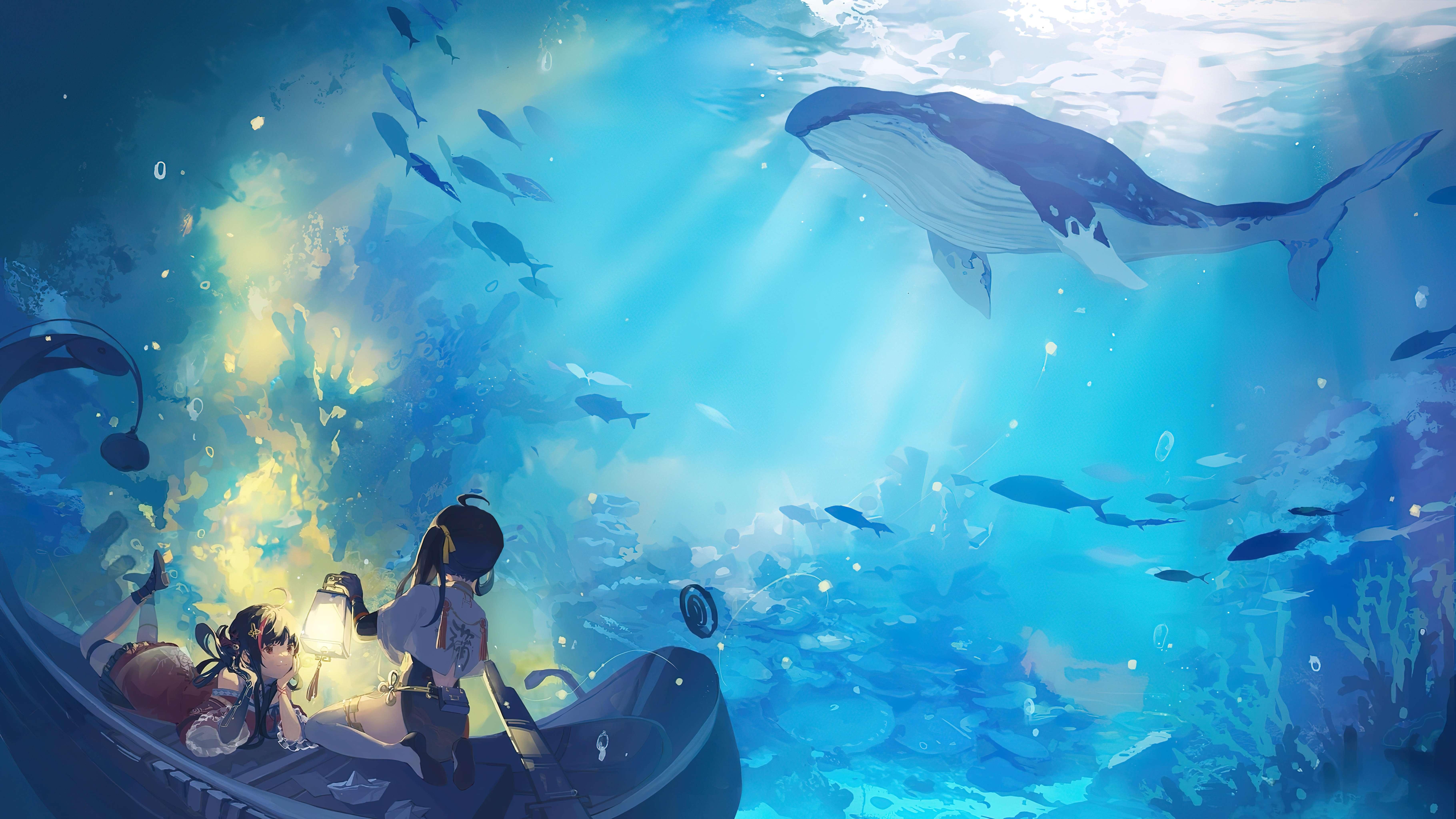 海底梦幻之旅 动漫风格 蓝色调 海洋生物 4K