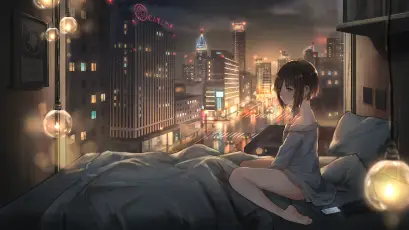 夜窗独坐望城景 城市夜景 室内场景 动漫风格 4K