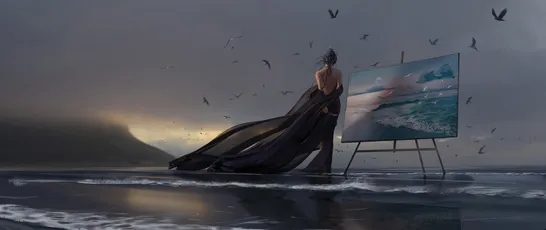 海边画者 海边 绘画 黄昏 8K