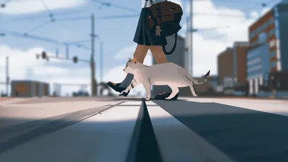 街角白猫同行 城市街道 动画风格 白色猫咪 4K