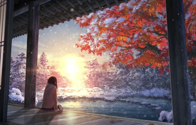 雪日暖阳赏枫景 雪景 红叶 动漫风格 1080P