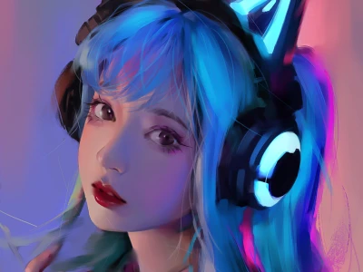 蓝发少女与发光耳机 赛博朋克 霓虹灯 数字艺术 2K