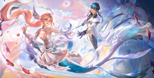 梦幻双舞者共舞 奇幻场景 动态飘逸 粉蓝主色调 4K