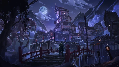 月夜雪村古桥 夜晚 雪景 古风建筑 4K