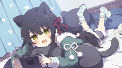 猫耳少女玩平板 动漫风格 卧室场景 猫耳角色 1080P