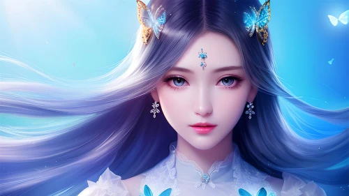 蓝发蝶翼少女 奇幻场景 动漫风格 蓝色调 4K