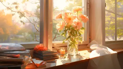 窗边暖阳下的花束 室内 窗台 鲜花 4K